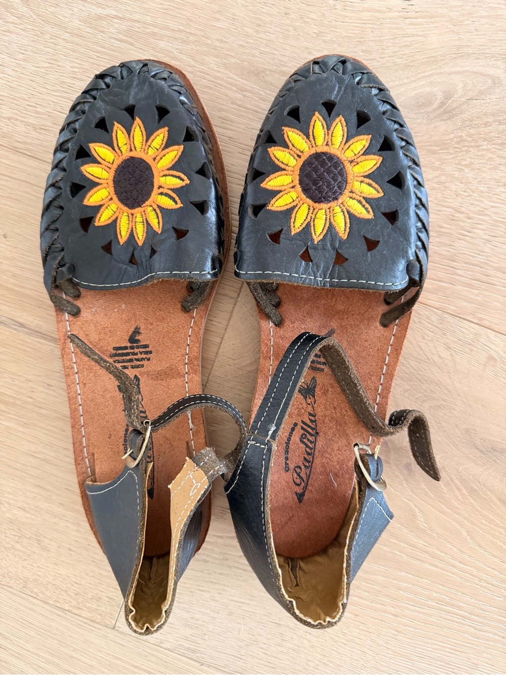 Sunflower Embroidered Black Leather Women’s Sandals
